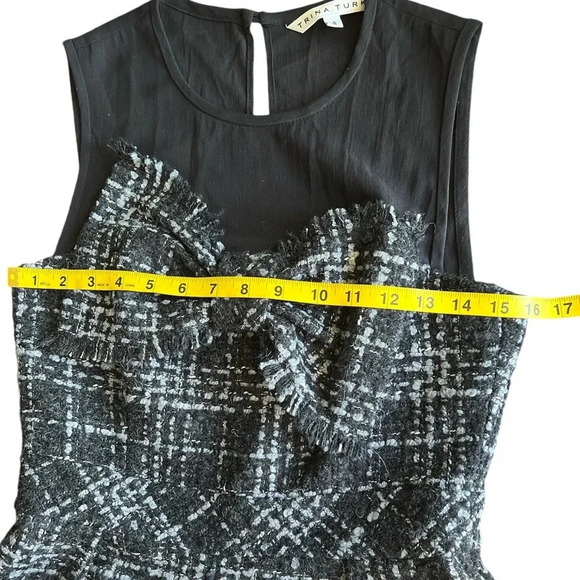 Trina Turk Black White Tweed Plaid Sheer Neck Bow Dress Size 4 - Picture 4 of 7